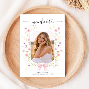 Pink Bow Floral Photo Graduation Announcement Postcard