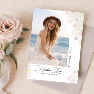 Pink Bow Floral Photo Graduation Thank You Postcard