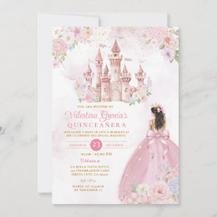 Pink Bow Floral Princess Royal Castle Quinceañera Invitation