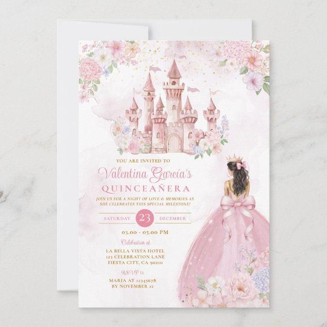 Pink Bow Floral Princess Royal Castle Quinceañera Invitation (Front)