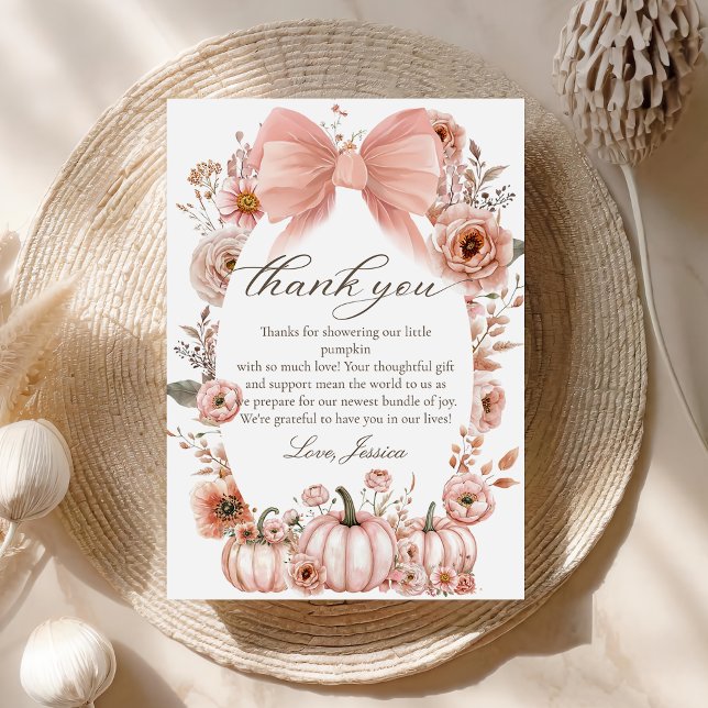 Pink Bow Floral Pumpkin Baby Shower Thank you card (Creator Uploaded)