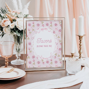 Pink Bow Floral Rose Vintage Baby Shower Favours Poster