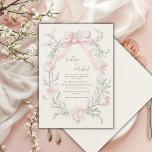 Pink Bow Floral Sage Green Vintage Wedding Invitation