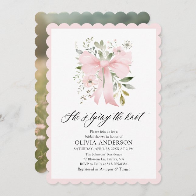 Pink Bow Floral She's Tying the Knot Bridal Shower Invitation (Front/Back)