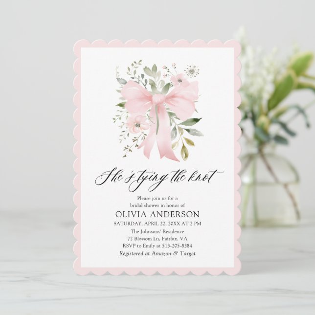 Pink Bow Floral She's Tying the Knot Bridal Shower Invitation (Standing Front)