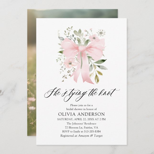 Pink Bow Floral She's Tying the Knot Bridal Shower Invitation (Front/Back)