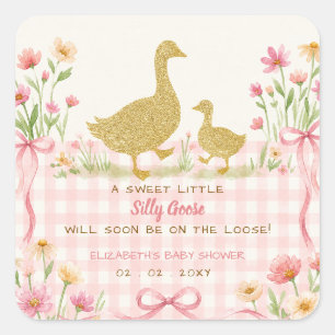 Pink Bow Floral Silly Goose Girl Baby Shower Square Sticker