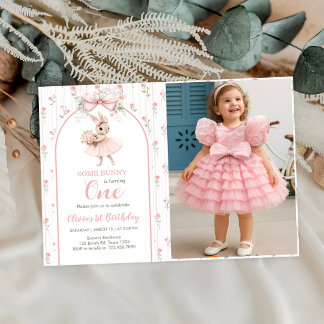 Pink Bow & Floral Some Bunny is One 1st Birthday Invitation