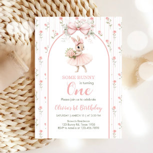 Pink Bow & Floral Some Bunny is One 1st Birthday Invitation