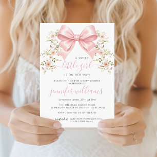 Pink Bow Floral Spring Baby Girl Shower Invitation
