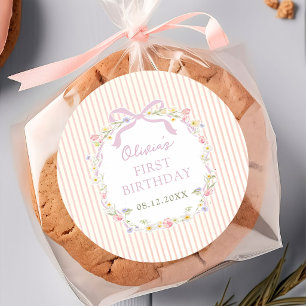 Pink Bow Floral Stripes Birthday Sticker