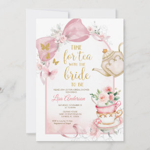 Pink Bow Floral Tea Party Bridal Shower Invitation