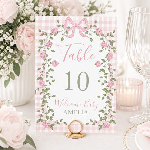 Pink Bow Floral Vines and Gingham  Table Number