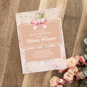 Pink Bow floral Vintage Boho Baby Shower Invitation