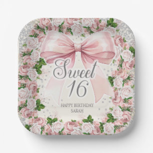 Pink Bow Floral Vintage Coquette Sweet 16 Paper Plate