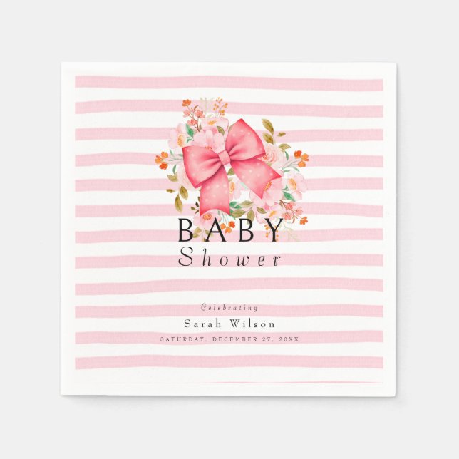 Pink Bow Floral watercolor baby shower  Napkin (Front)
