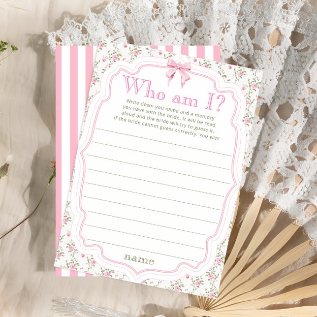 Pink Bow Floral Who Am I Bridal Shower Game Card (Creator Uploaded)