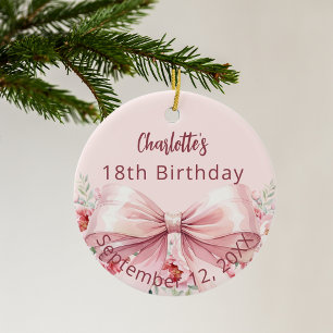 Pink bow florals birthday ceramic ornament