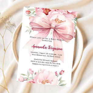 Pink bow florals girl Baby Shower Invitation
