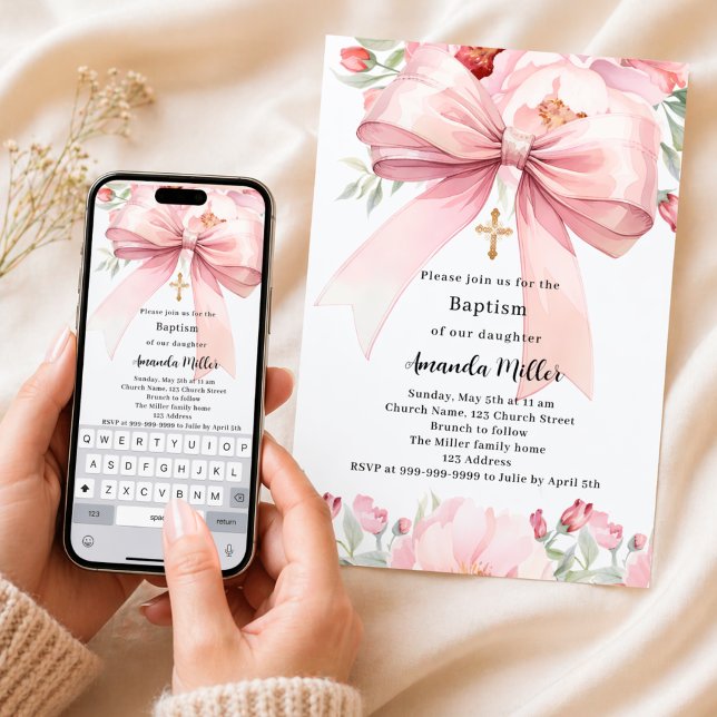 Pink bow florals girl Baptism Invitation (Creator Uploaded)