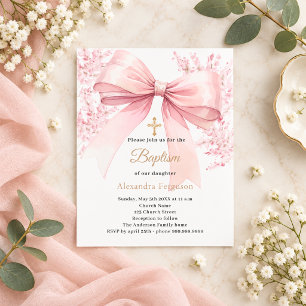 Pink bow florals girl Baptism invitation