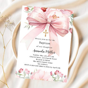 Pink bow florals girl Baptism Invitation