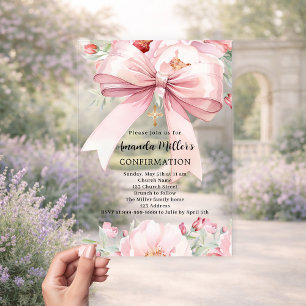 Pink bow florals girl clear Confirmation Acrylic Invitations