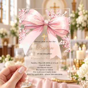 Pink bow florals girl clear luxury Baptism Acrylic Invitations