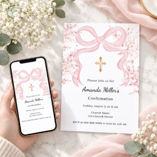 Pink bow florals girl Confirmation Invitation