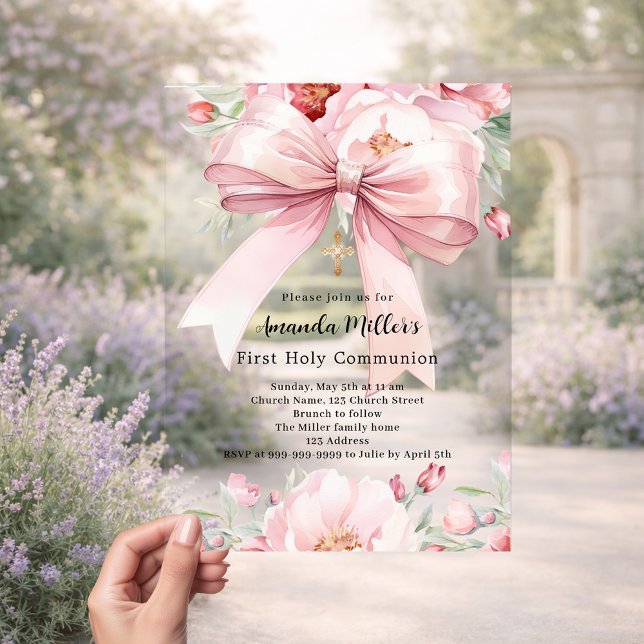 Pink bow florals girl First Communion clear Acrylic Invitations (Creator Uploaded)