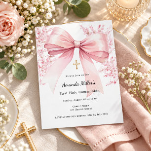 Pink bow florals girl First Communion invitation