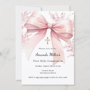 Pink bow florals girl First Communion Invitation