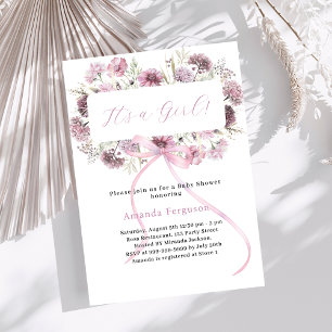 Pink bow florals it's a girl Baby Shower Invitation
