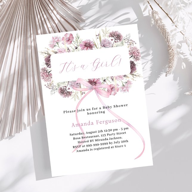 Pink bow florals it's a girl Baby Shower Invitation (Creator Uploaded)