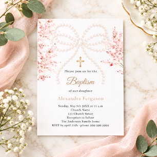 Pink bow florals pearls girl Baptism invitation