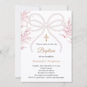 Pink bow florals pearls girl Baptism Invitation