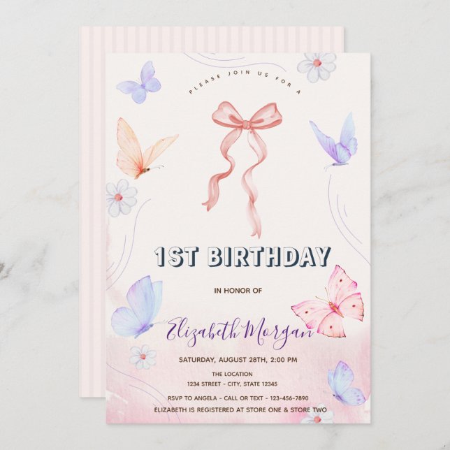 Pink Bow Flowers Butterflies Striped Birthday Invitation (Front/Back)