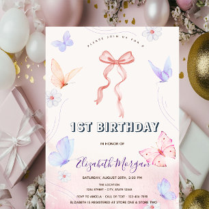 Pink Bow Flowers Butterflies Striped Birthday Invitation