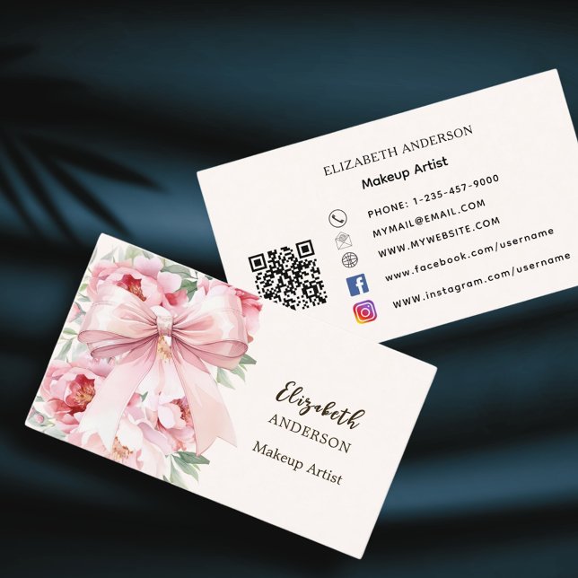 Pink bow flowers florals qr code social media business card (Creator Uploaded)