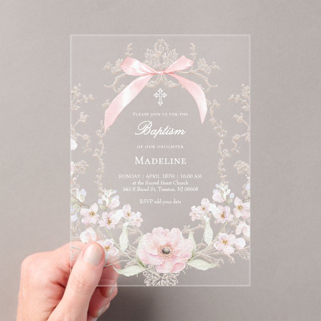  pink bow flowers frame Baptism Acrylic Invitations (Insitu (Handheld))
