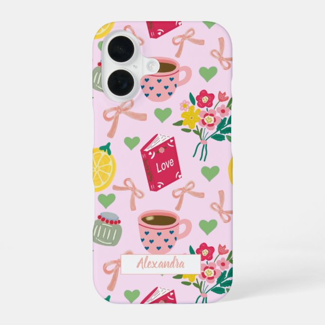 Pink bow flowers handrawing lemon pattern trendy iPhone 16 case (Back)