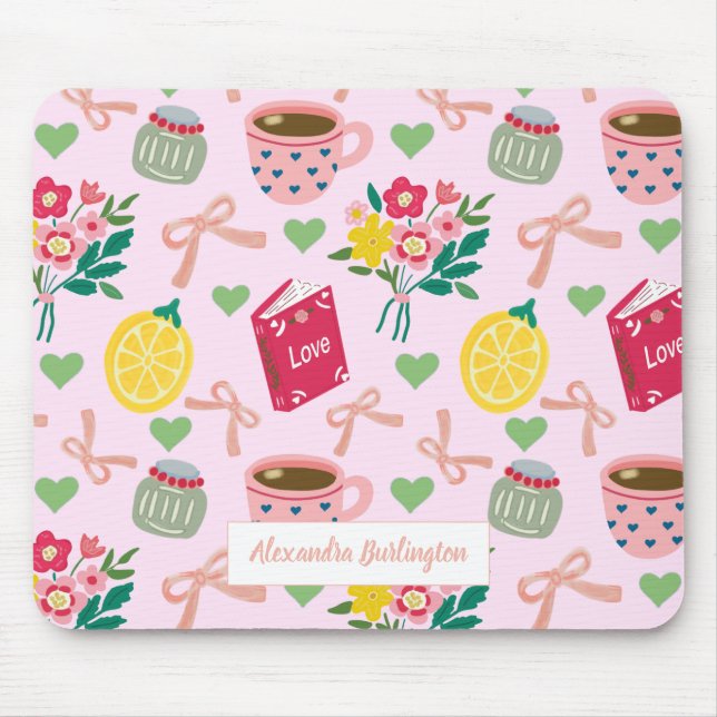 Pink bow flowers handrawing lemon pattern trendy mouse pad (Front)