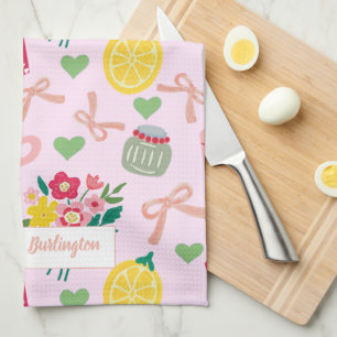 Pink bow flowers handrawing lemon pattern trendy tea towel