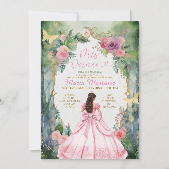 Pink Bow Forest Sage Green Dress Flower Mis Quince Invitation (Front)