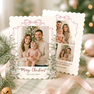 Pink Bow Four Photo Christmas Holiday Card