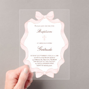 pink bow frame Baptism Acrylic Invitations