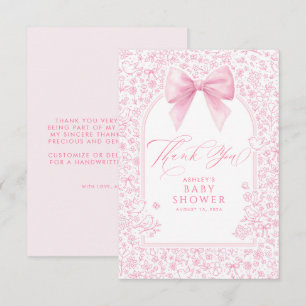 Pink Bow French Floral Chinoiserie Baby Shower Thank You Card
