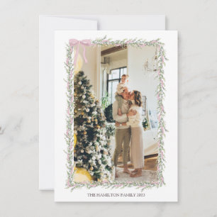 Pink Bow Garland with Message Christmas Photo Holiday Card