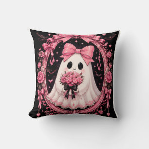 Pink Bow Ghost Ballerina Coquette Halloween Cushion
