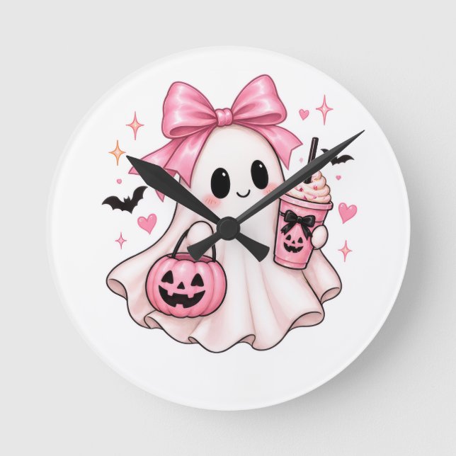 Pink Bow Ghost Coquette Halloween Round Clock (Front)